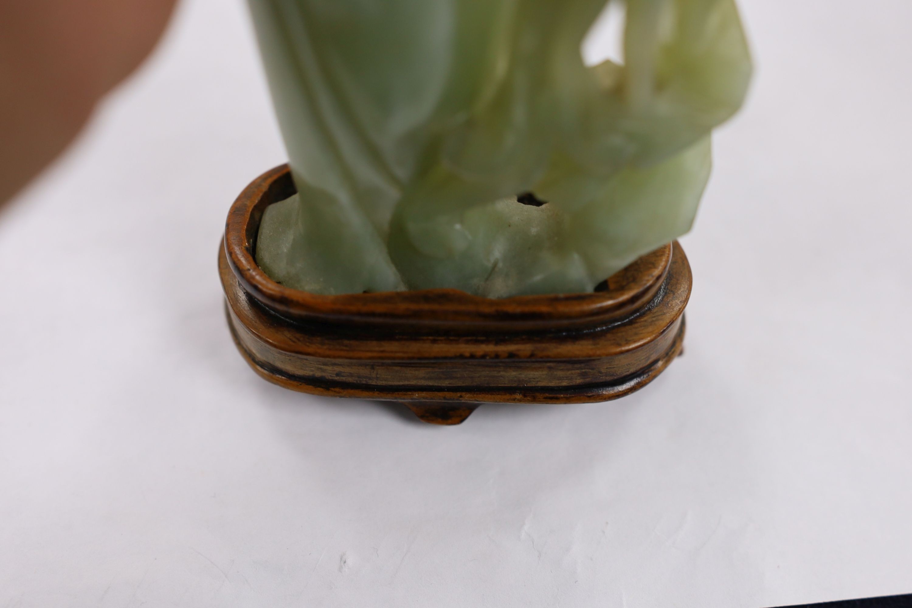 A Chinese bowenite jade figure of a lady, a Canton enamel bowl and a Jun type bud vase, tallest 20 cm high